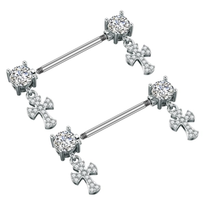 Detail of silver stainless steel nipple ring with round zircon and cross pendant