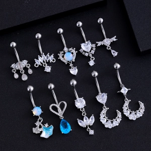 Set van 10 zilveren navelpiercings van roestvrij staal met zirkoon en opaal hangers