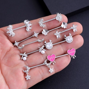 Silver stainless steel nipple ring set with zircon stars, moon and heart charms