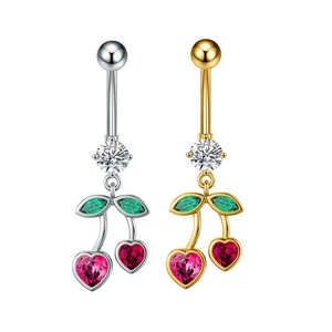 Piercing all'ombelico a ciliegia scintillanti in argento e oro con pietre rosse a cuore
