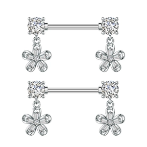 Floral stainless steel nipple barbell pair with sparkling zircon flower pendants