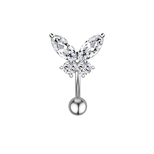Piercing de nombril papillon en acier argenté orné de zircons cubiques brillants