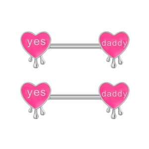 Pink heart nipple barbells with yes daddy script and dangling drip design in silver steel