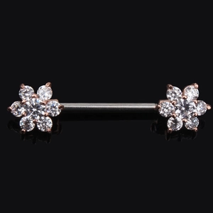 Edelstahl Nippelpiercing mit roségoldenen Blumen und klaren Zirkoniasteinen besetzt