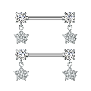 Macro detail of stainless steel nipple piercings with star-shaped cubic zirconia charms
