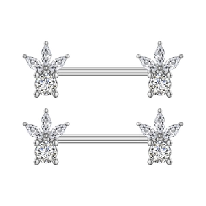 Detailed close-up of stainless steel nipple rings with inlaid zircons on a white background