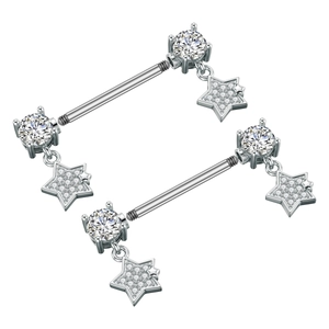 Detail of stainless steel nipple rings with prong-set stones and star pendants