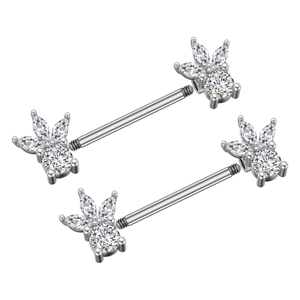 Detail view of silver stainless steel nipple rings with marquise-cut zircon flower cluster