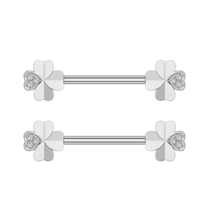 Detail macro view of clover nipple barbells with silver finish and white zircon stones