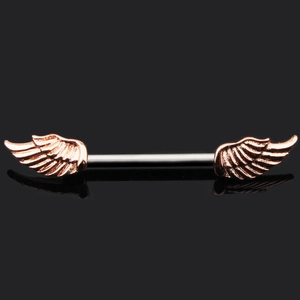 Makro-Detail von roségoldenen Engelsflügel-Piercings mit polierten Silberstäben