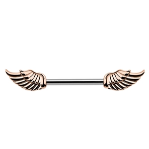 Detail von roségoldenen Flügel-Nippelpiercings mit feiner Federstruktur auf Edelstahl