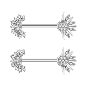 Detail view of celestial moon and sun nipple rings with sparkling zircon inlay