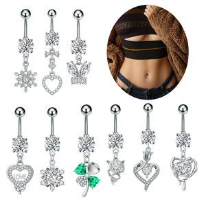 9-piece butterfly and heart navel ring set with shiny cubic zirconia in surgical steel
