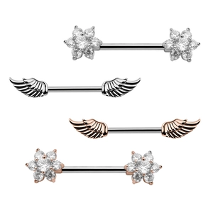 Nippelpiercing-Set aus Edelstahl mit Blumen-Zirkon und Feder-Designs, poliert