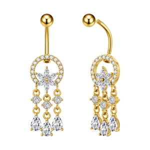 Piercing ombelico a fiore dorato con zirconi brillanti e pendenti a forma di goccia