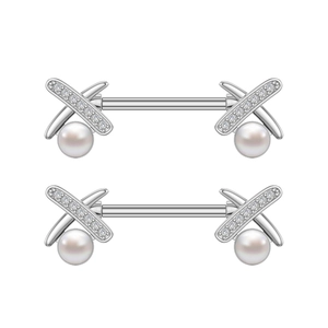Silver stainless steel nipple rings with X-shape zircon paving and round white pearls