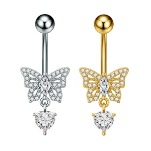 Detail of silver and gold butterfly belly rings with sparkling heart zircon pendants