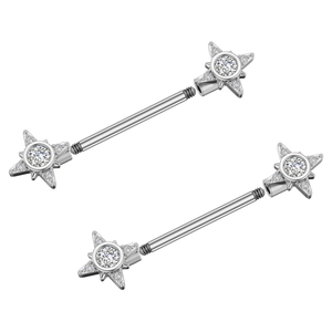 Detailed macro view of silver star industrial barbell with inlaid clear zircon crystals