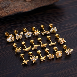 Stainless Steel Micro Inlaid Zircon Ear Bone Stud Minimalist Screw Back Piercing Earrings Gold Silver Heart Moon Jewelry