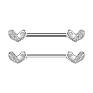 Close-up of heart-shaped stainless steel nipple rings with micro-pave cubic zirconia crystals