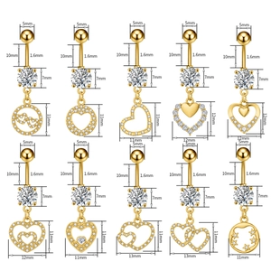 Detailed size chart for assorted 14G stainless steel belly rings with heart pendants