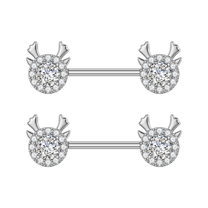 Detail of reindeer nipple rings with pavé cubic zirconia on silver stainless steel