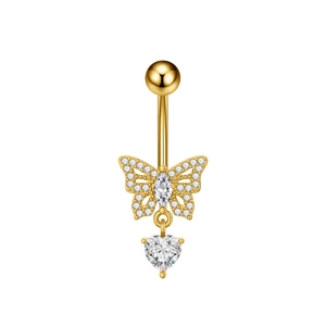 Detail of golden navel ring featuring a micro-pave butterfly and heart-shaped zircon drop