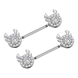 Close-up of silver stainless steel nipple barbells with micro-set zircon and deer horn design
