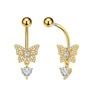 Detail of golden butterfly belly ring with sparkling crystals and heart zircon pendant