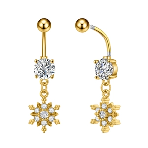 Detail view of snowflake belly button ring showing screw thread and sparkling zircon