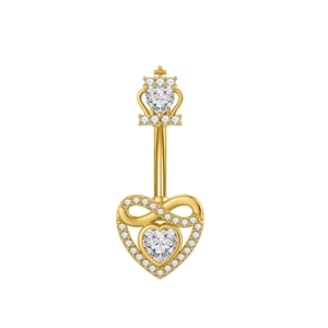 Makro-Detail des goldenen Bauchnabelpiercings mit Unendlichkeitssymbol und Zirkonia