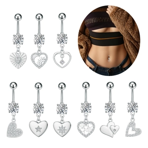 Set de 9 piercings de ombligo de acero inoxidable con forma de corazón y circonitas