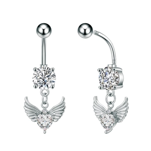 Macro detail of silver heart wings navel rings with sparkling clear cubic zirconia