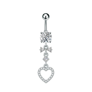 Detailed view of silver butterfly belly button ring with zircon and heart pendant