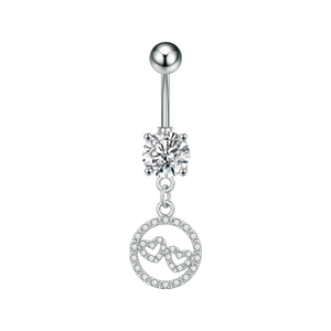 Detailed close-up of silver belly ring with interlocking hearts and sparkling zircon stones