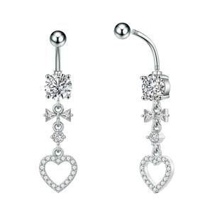 Detail of silver heart butterfly belly ring with sparkling zircon stones on white background