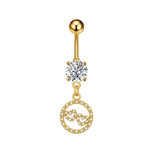 Golden belly button ring featuring a double heart pendant with sparkling cubic zirconia studs