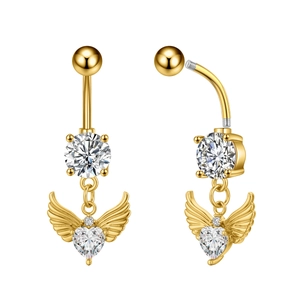 Detail view of golden heart navel ring with angel wings and clear zircon stone