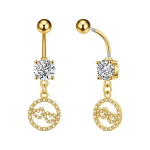Close-up of golden stainless steel belly ring featuring interlocking heart charms with cubic zirconia