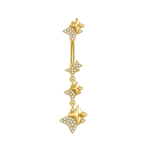 Detail eines goldenen Bauchnabelpiercings mit dreifachem Sternanhänger und Zirkonia