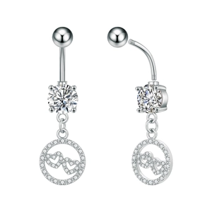 Detailed macro view of silver steel belly ring with double heart pendant and zircons