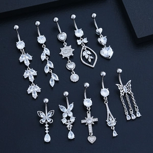 Set di 10 piercing all'ombelico in acciaio inossidabile con pendenti in zirconi argento