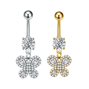 Piercing ombelico a farfalla in acciaio inossidabile argento e oro con zirconi cubici brillanti