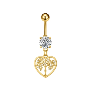 Piercing de ombligo de acero dorado con colgante de corazón árbol de vida y circonitas
