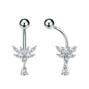 Macro detail of heart-shaped cluster navel ring with cubic zirconia and screw thread design