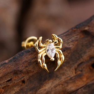Macro shot of gold spider stud earring with marquise zircon on a natural wood surface