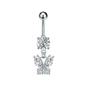 Detail of silver belly ring with butterfly pendant and sparkling zircon crystals