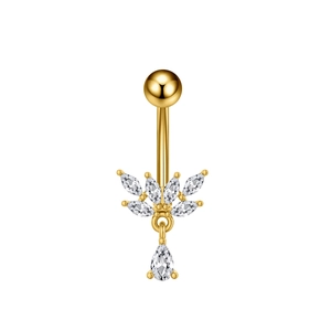 Detailed close-up of golden belly button ring featuring marquise-cut cubic zirconia gems