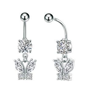 Detail of silver butterfly belly ring with sparkling marquise cut zircon pendant