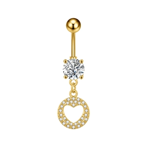 Macro detail of gold-plated navel ring with crystal heart pendant and micro-pave zircons